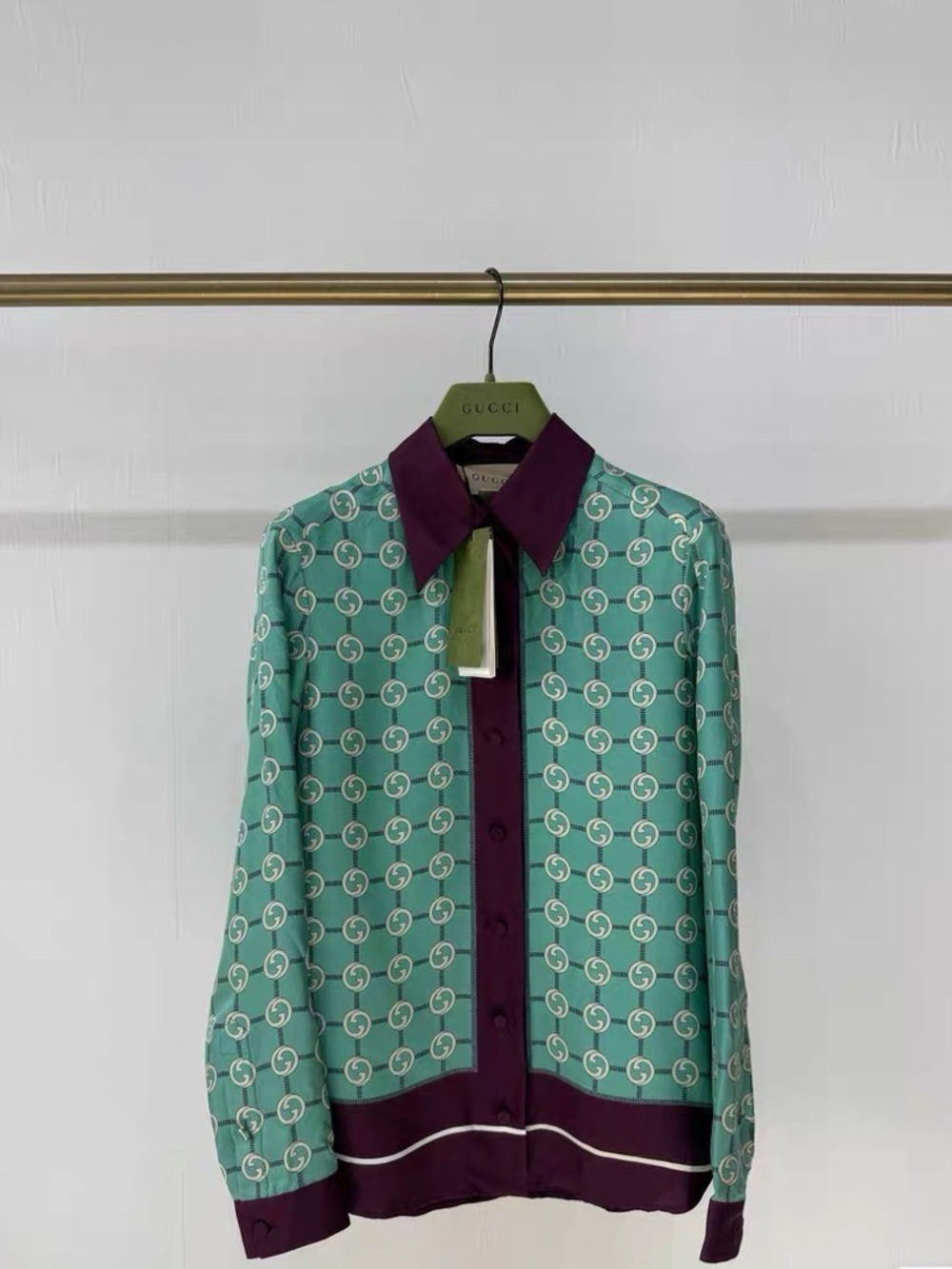 Authentic Gucci Teal & Plum GG-Print Silk Button Blouse